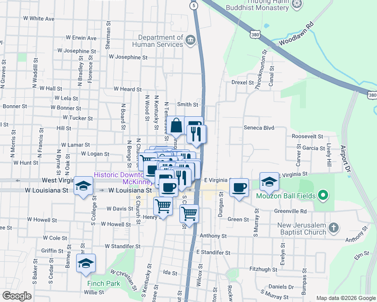 map of restaurants, bars, coffee shops, grocery stores, and more near 301 North Chestnut Street in McKinney