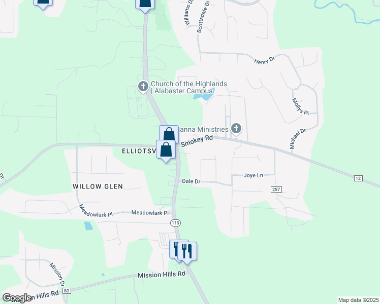 map of restaurants, bars, coffee shops, grocery stores, and more near 8218 Highway 119 in Alabaster