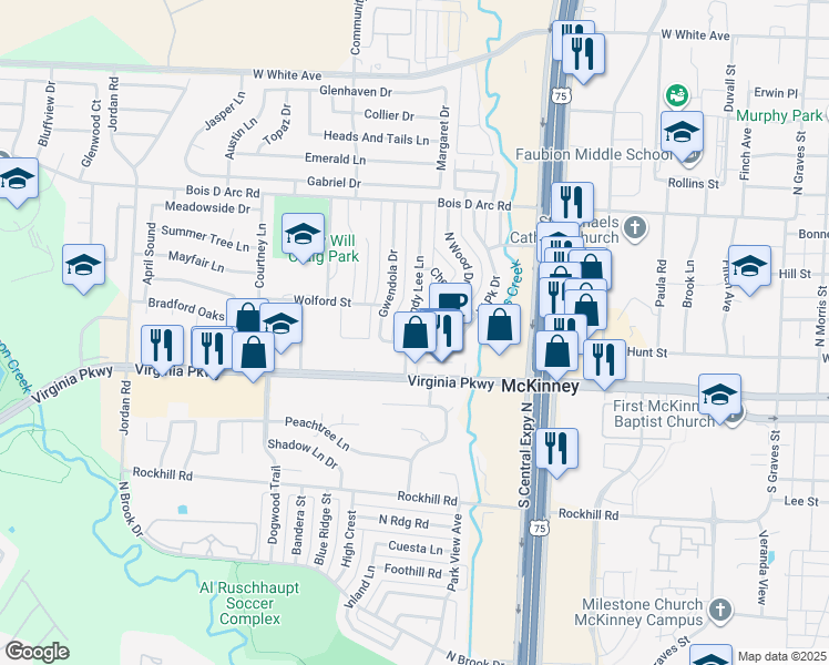 map of restaurants, bars, coffee shops, grocery stores, and more near 108 Westpark Drive South in McKinney
