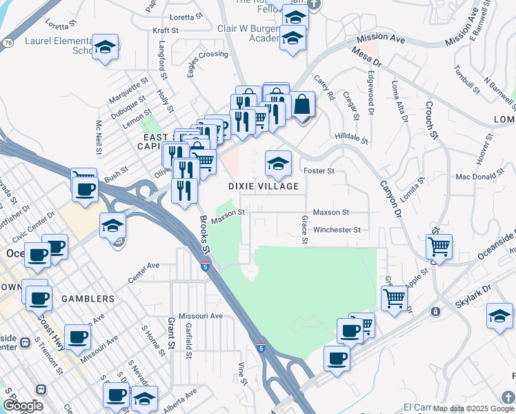 map of restaurants, bars, coffee shops, grocery stores, and more near 1710 Maxson Street in Oceanside