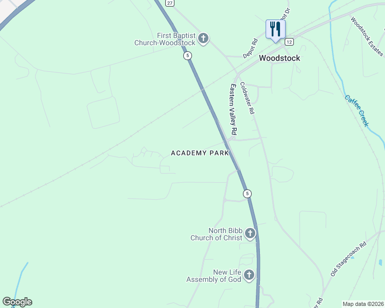 map of restaurants, bars, coffee shops, grocery stores, and more near Industrial Park Drive in Woodstock