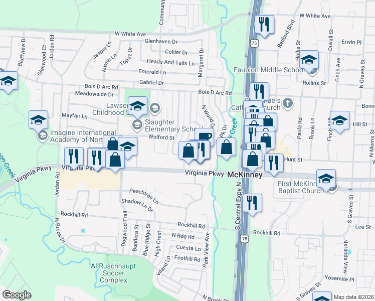map of restaurants, bars, coffee shops, grocery stores, and more near 202 Randy Lee Lane in McKinney