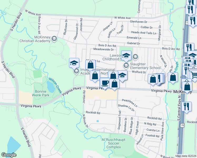 map of restaurants, bars, coffee shops, grocery stores, and more near 2760 Virginia Parkway in McKinney