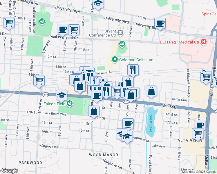 map of restaurants, bars, coffee shops, grocery stores, and more near 1420 Cloverdale Road in Tuscaloosa