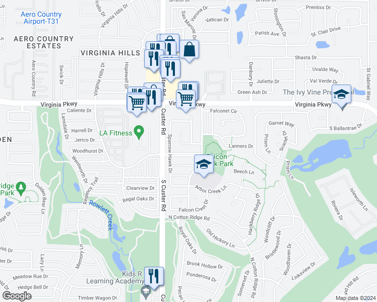 map of restaurants, bars, coffee shops, grocery stores, and more near 8708 Falcon View Drive in McKinney