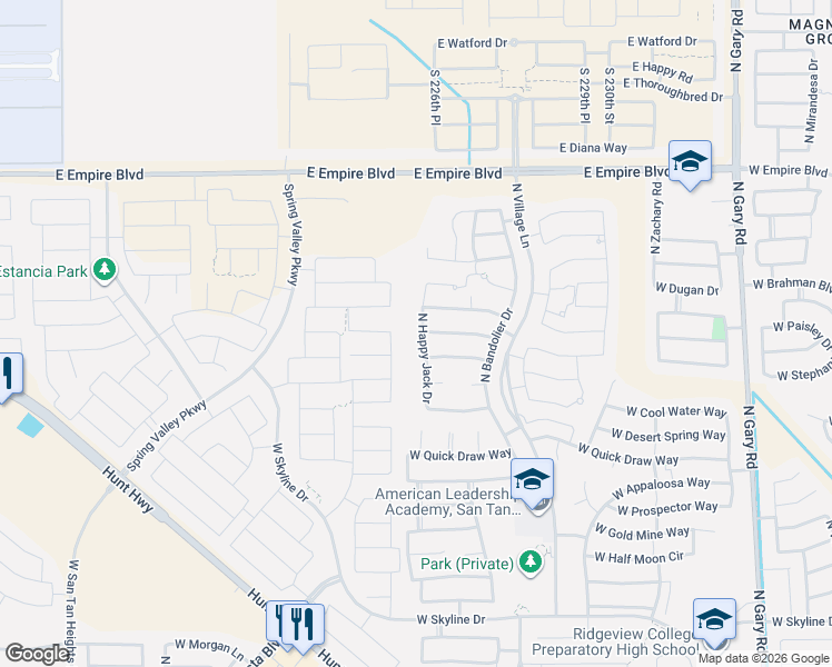 map of restaurants, bars, coffee shops, grocery stores, and more near 35266 North Happy Jack Drive in Queen Creek