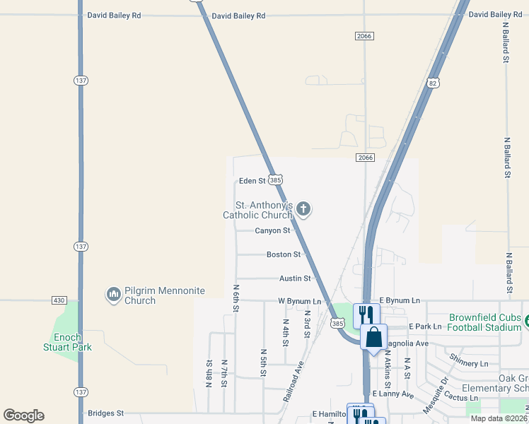 map of restaurants, bars, coffee shops, grocery stores, and more near 505 Canyon Street in Brownfield