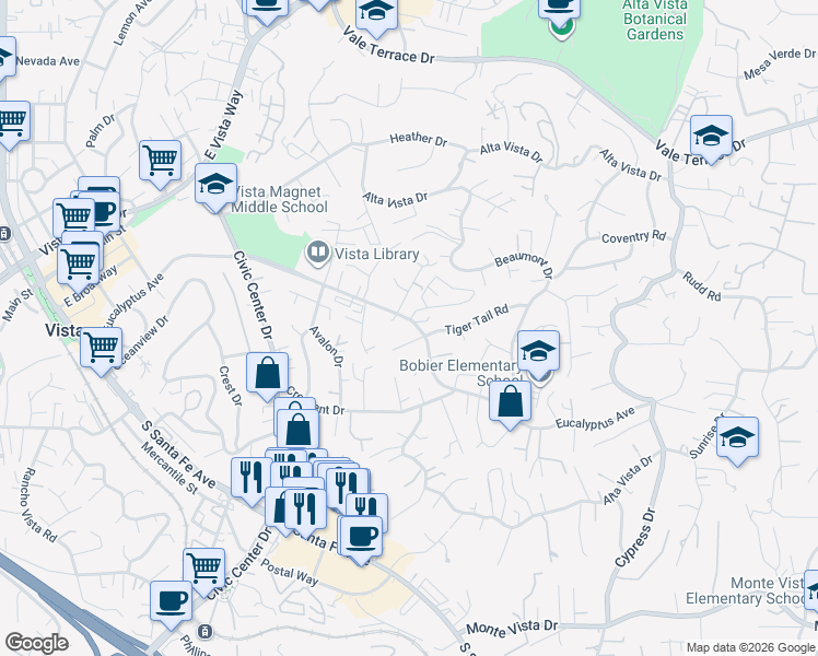 map of restaurants, bars, coffee shops, grocery stores, and more near 824 Tiger Tail Road in Vista