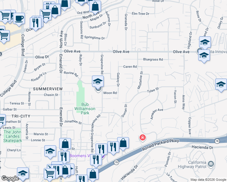 map of restaurants, bars, coffee shops, grocery stores, and more near 1422 Moon Road in Vista