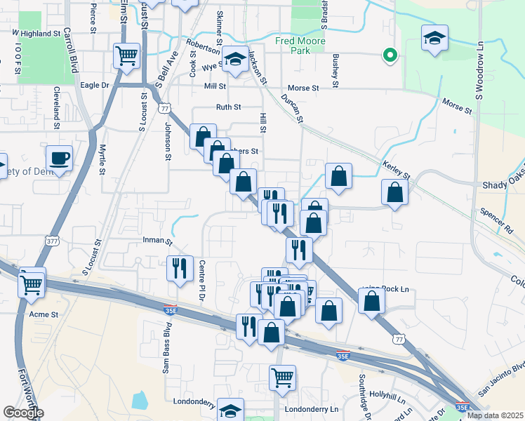 map of restaurants, bars, coffee shops, grocery stores, and more near 1002 Dallas Drive in Denton