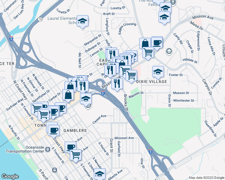 map of restaurants, bars, coffee shops, grocery stores, and more near 1403 Mission Avenue in Oceanside
