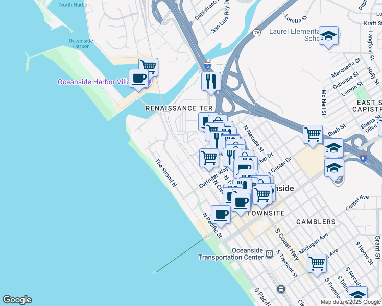 map of restaurants, bars, coffee shops, grocery stores, and more near 805 North Cleveland Street in Oceanside