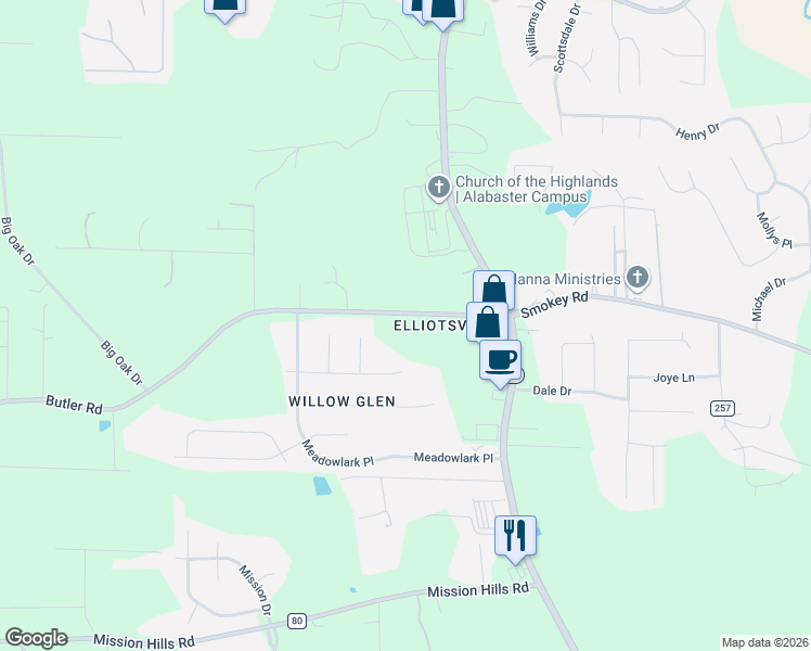 map of restaurants, bars, coffee shops, grocery stores, and more near 1950 Butler Road in Alabaster
