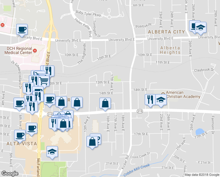 map of restaurants, bars, coffee shops, grocery stores, and more near 1322 17th Avenue East in Tuscaloosa