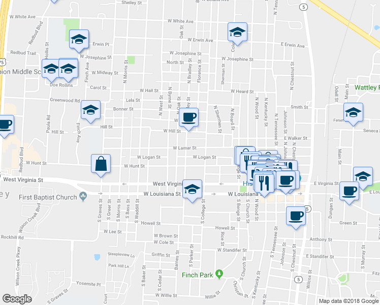 map of restaurants, bars, coffee shops, grocery stores, and more near 312 North Bradley Street in McKinney