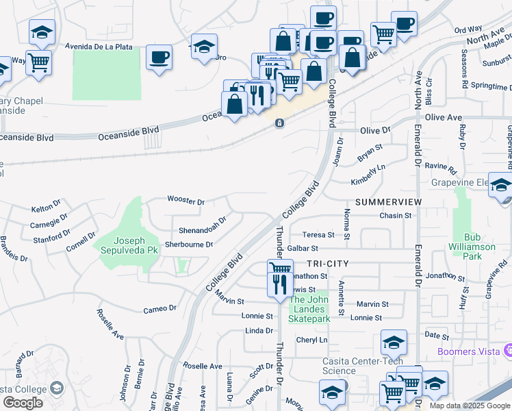 map of restaurants, bars, coffee shops, grocery stores, and more near 2738 Thunder Drive in Oceanside