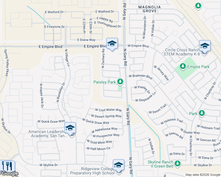 map of restaurants, bars, coffee shops, grocery stores, and more near 1756 West Stephanie Lane in San Tan Valley
