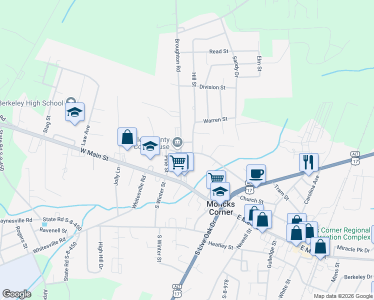 map of restaurants, bars, coffee shops, grocery stores, and more near 110 Broughton Road in Moncks Corner