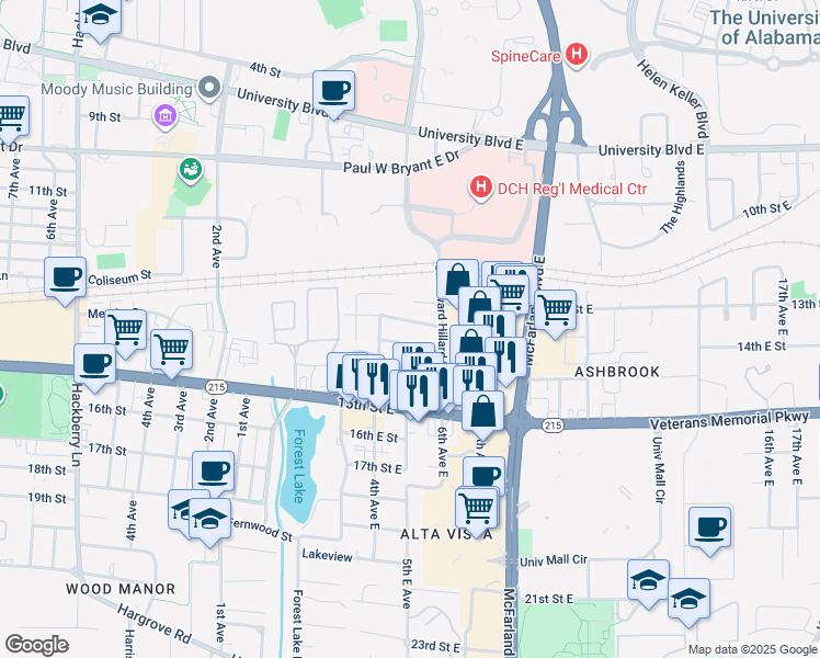 map of restaurants, bars, coffee shops, grocery stores, and more near 229 Cedar Crest in Tuscaloosa