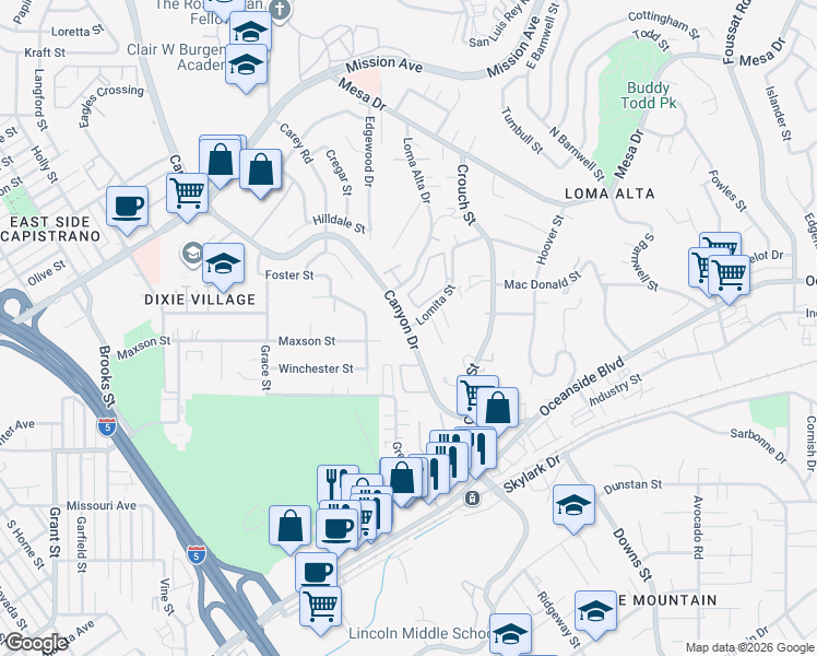 map of restaurants, bars, coffee shops, grocery stores, and more near Canyon Drive & Lomita Street in Oceanside