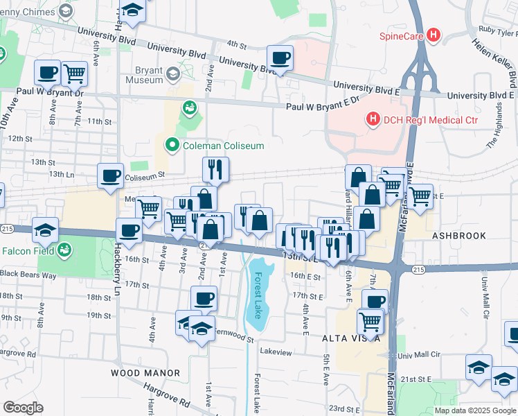 map of restaurants, bars, coffee shops, grocery stores, and more near 120 15th Street in Tuscaloosa