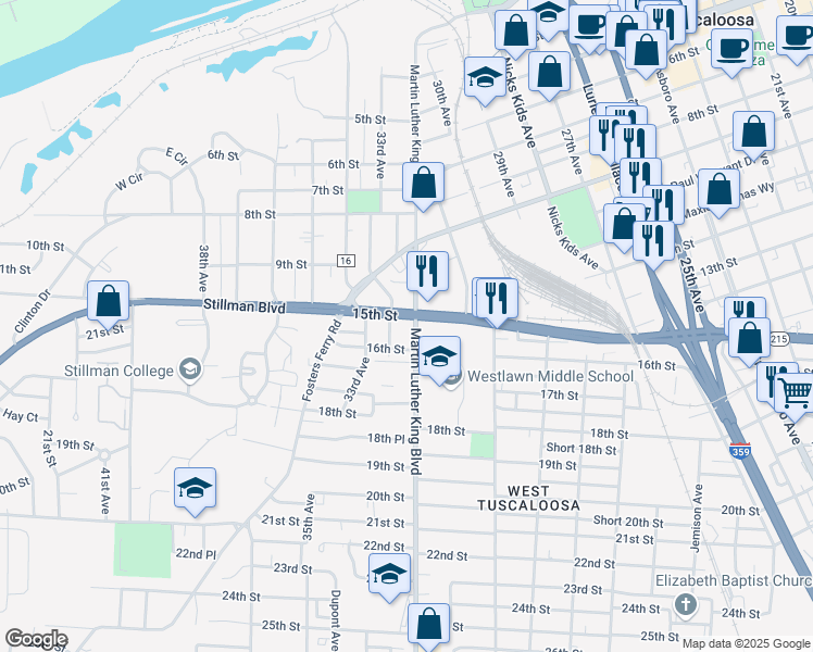 map of restaurants, bars, coffee shops, grocery stores, and more near 1500 32nd Court in Tuscaloosa