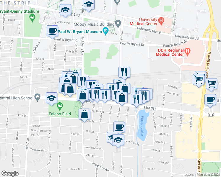 map of restaurants, bars, coffee shops, grocery stores, and more near 32 Meador Drive in Tuscaloosa