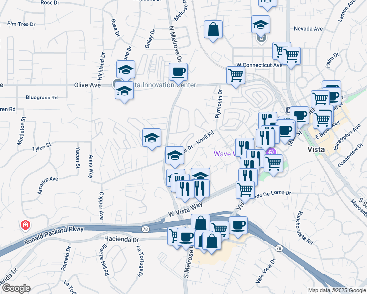 map of restaurants, bars, coffee shops, grocery stores, and more near 116 Knoll Road in Vista