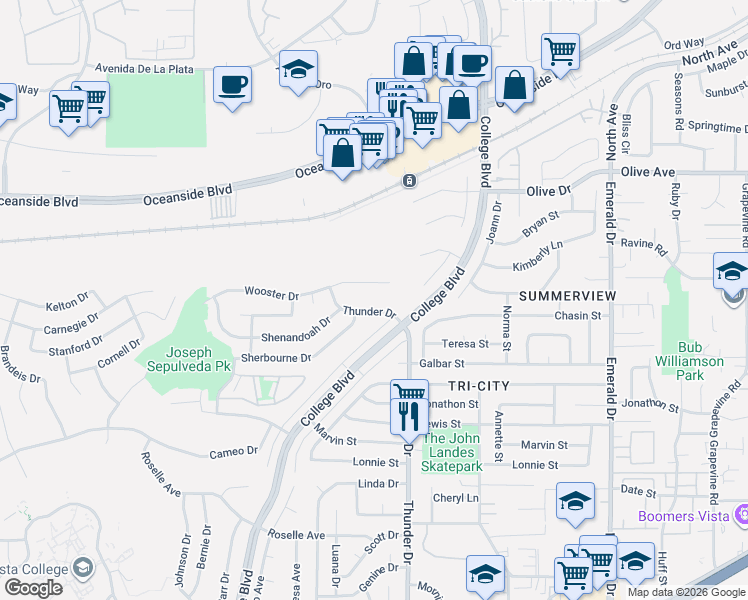 map of restaurants, bars, coffee shops, grocery stores, and more near 2741 Thunder Drive in Oceanside