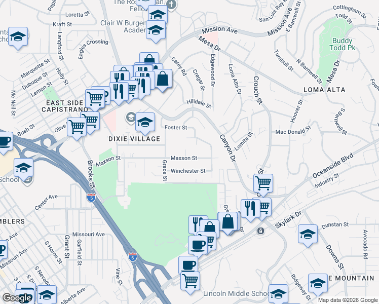 map of restaurants, bars, coffee shops, grocery stores, and more near 2121 Maxson Street in Oceanside