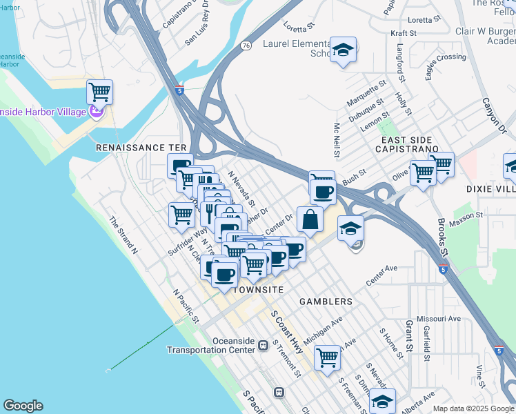 map of restaurants, bars, coffee shops, grocery stores, and more near 417 North Nevada Street in Oceanside
