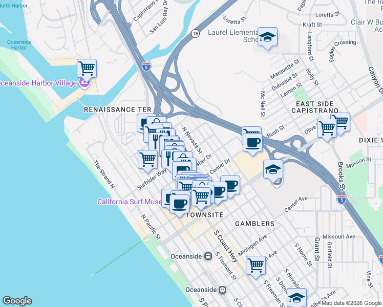 map of restaurants, bars, coffee shops, grocery stores, and more near 510 North Freeman Street in Oceanside