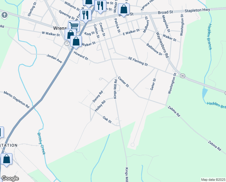 map of restaurants, bars, coffee shops, grocery stores, and more near Kings Mill Road in Wrens