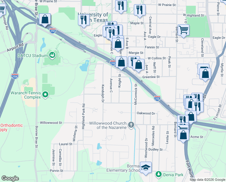 map of restaurants, bars, coffee shops, grocery stores, and more near 1505 Avenue C in Denton