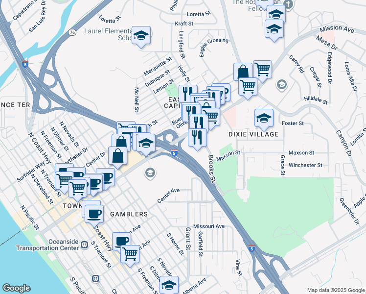map of restaurants, bars, coffee shops, grocery stores, and more near 1403 Mission Avenue in Oceanside