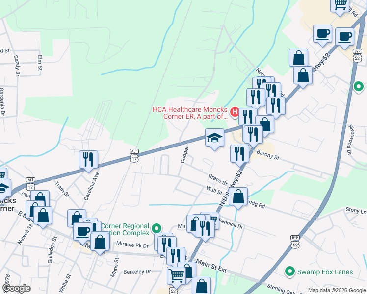 map of restaurants, bars, coffee shops, grocery stores, and more near 209 Cooper in Moncks Corner