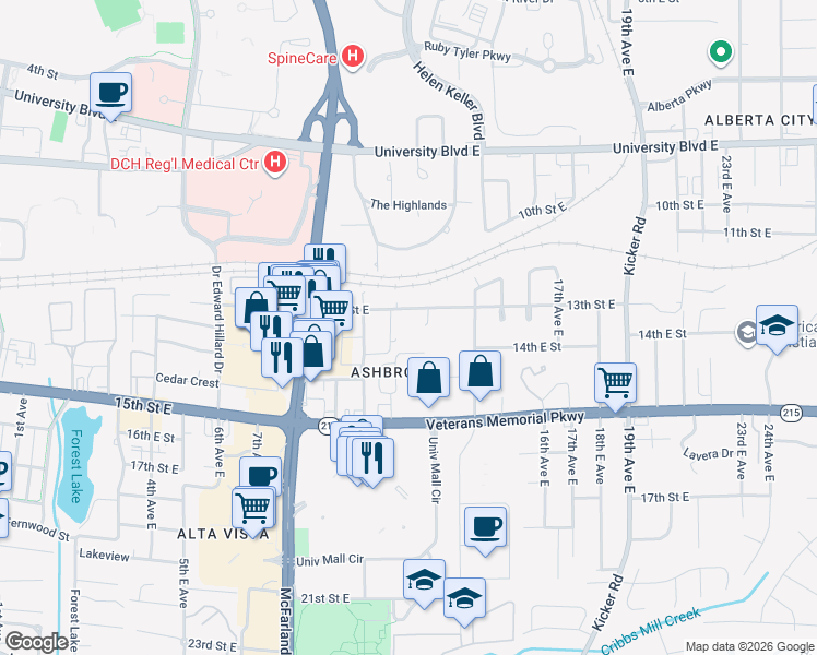 map of restaurants, bars, coffee shops, grocery stores, and more near 1175 13th Street East in Tuscaloosa
