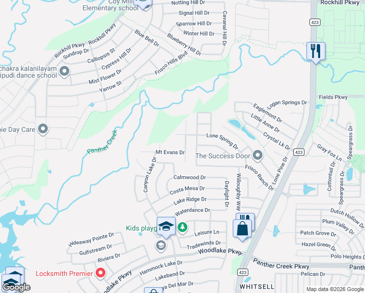 map of restaurants, bars, coffee shops, grocery stores, and more near 15117 Mount Evans Drive in Little Elm