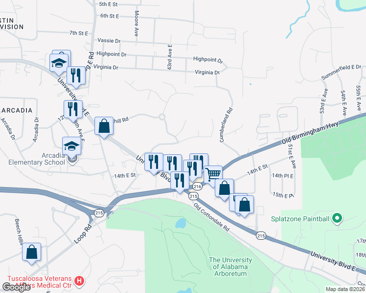 map of restaurants, bars, coffee shops, grocery stores, and more near 4308 Hillsboro Drive in Tuscaloosa