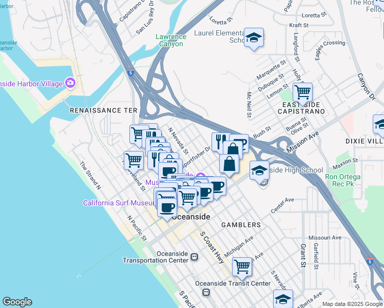 map of restaurants, bars, coffee shops, grocery stores, and more near 508 North Nevada Street in Oceanside