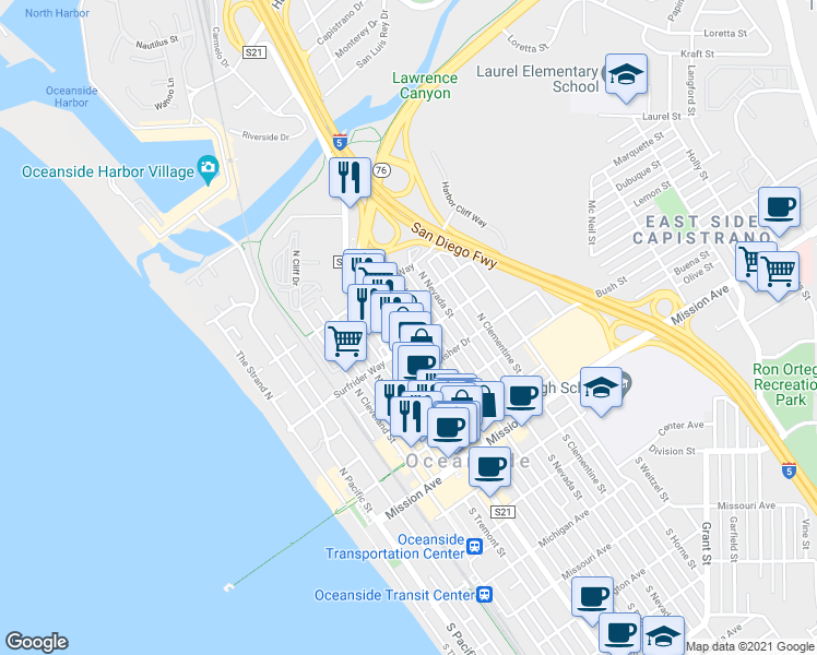 map of restaurants, bars, coffee shops, grocery stores, and more near 704 North Freeman Street in Oceanside