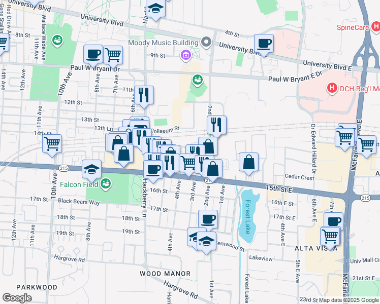 map of restaurants, bars, coffee shops, grocery stores, and more near 1345 Cloverdale Road in Tuscaloosa