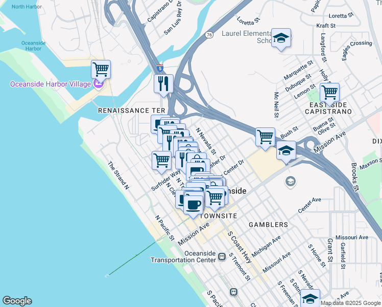 map of restaurants, bars, coffee shops, grocery stores, and more near 612 North Freeman Street in Oceanside