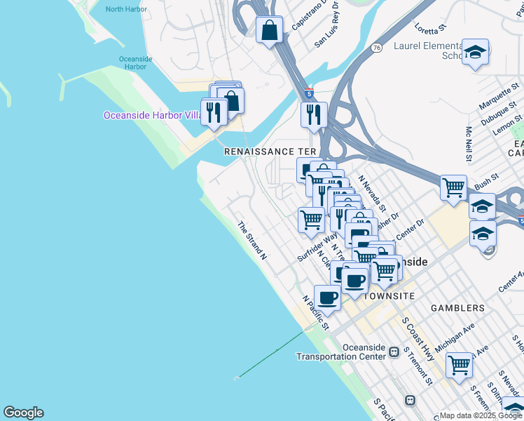 map of restaurants, bars, coffee shops, grocery stores, and more near 910 North Pacific Street in Oceanside
