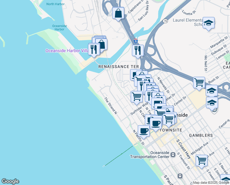 map of restaurants, bars, coffee shops, grocery stores, and more near 910n North Pacific Street in Oceanside