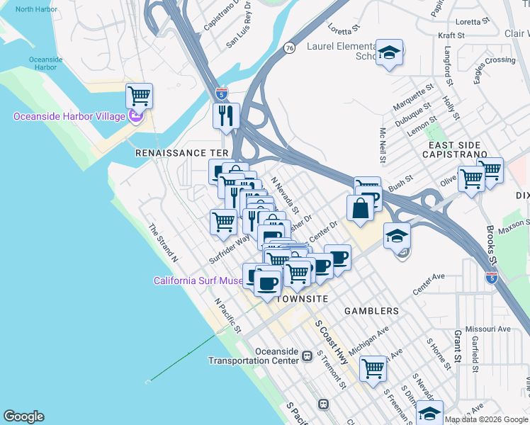 map of restaurants, bars, coffee shops, grocery stores, and more near 612 North Freeman Street in Oceanside