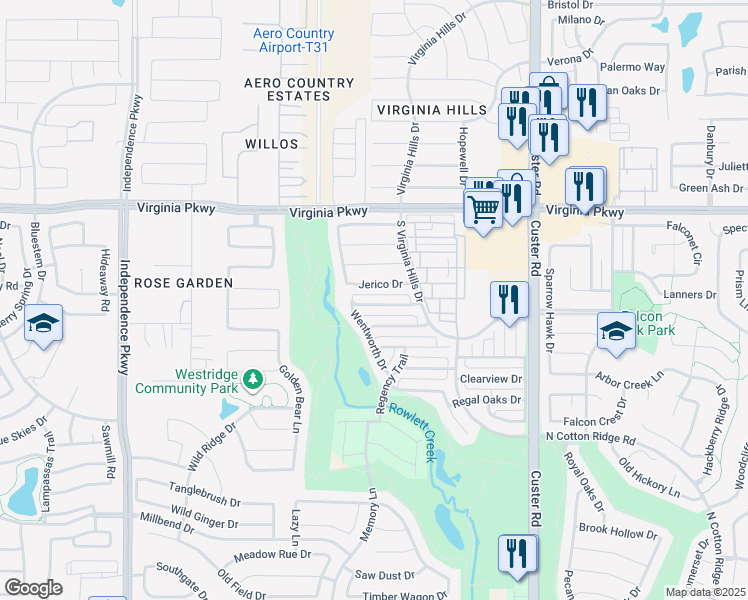 map of restaurants, bars, coffee shops, grocery stores, and more near 9408 Woodhurst Drive in McKinney