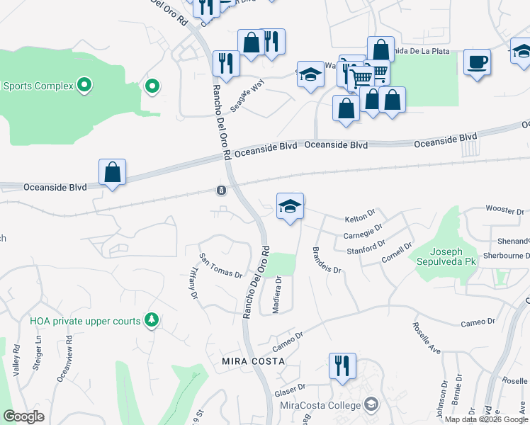 map of restaurants, bars, coffee shops, grocery stores, and more near 100 Sea Cliff Way in Oceanside