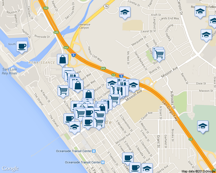 map of restaurants, bars, coffee shops, grocery stores, and more near 500 North Clementine Street in Oceanside