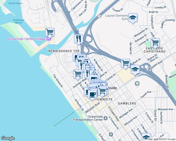 map of restaurants, bars, coffee shops, grocery stores, and more near 704 North Freeman Street in Oceanside